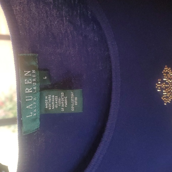 Lauren‎ Ralph Lauren Gold Stud Beaded Crest Graphic Short Sleeve T-Shirt Sz L - Picture 4 of 9